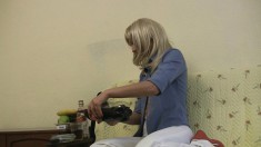Cock starving blonde Valeria uses a bottle to please her aching snatch