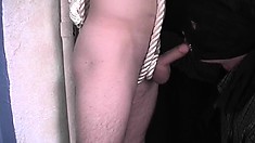 The naughty police officer is caught and bound and has his dick tied up, too