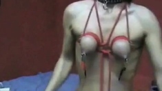 Self bondage tits play